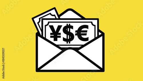 Envelope with money bills and currency symbols on a bright yellow background, Generative AI