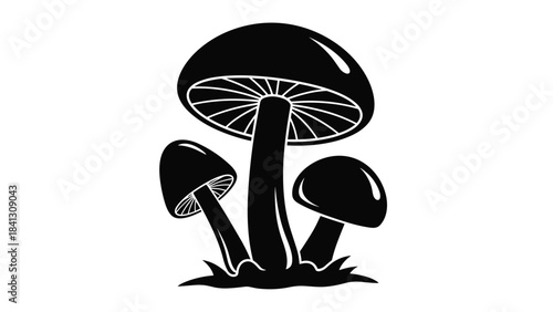 Black and white illustration of three mushrooms on grass, Generative AI