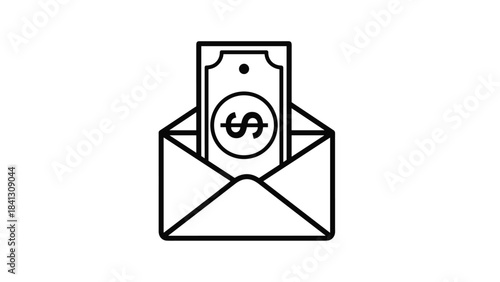 A black and white line drawing of a dollar bill sticking out of an envelope with a dollar sign on it symbolizing payment or financial transaction, Generative AI
