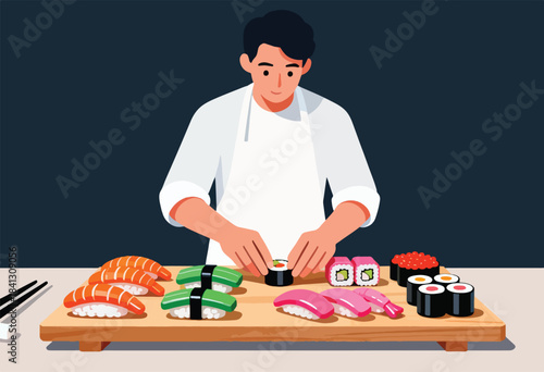 Person in apron preparing various types of sushi on a wooden tray