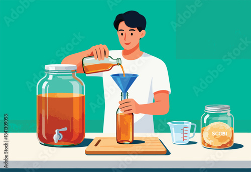 Person pouring liquid into bottle with funnel next to large jar & scobi