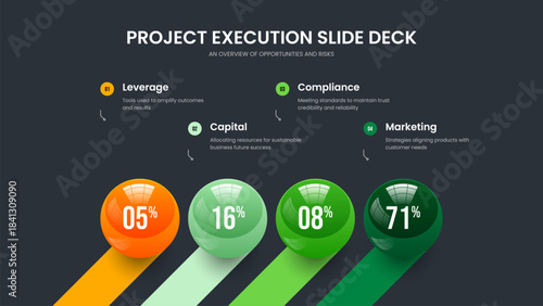 Advertising Launch Four Option Diagram Slideshow Template. Science Strategy 4 Step Chart Slide Design. Marketing Briefing Frame Layout Vector Illustration.