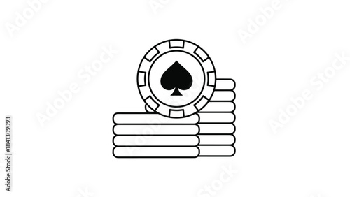 Black and white line drawing of poker chips stacked with a spade chip on top, Generative AI