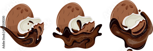 set of icons of ripe coconuts in melted chocolate with different splashes and sizes, for textiles, packaging and digital design
