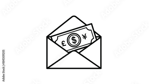 A black and white line drawing of an envelope with money sticking out symbolizing payment or financial transaction in a simple style, Generative AI