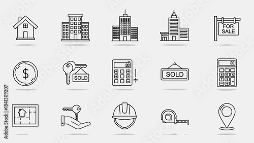 Collection of various real estate and property icons in line style on, Generative AI