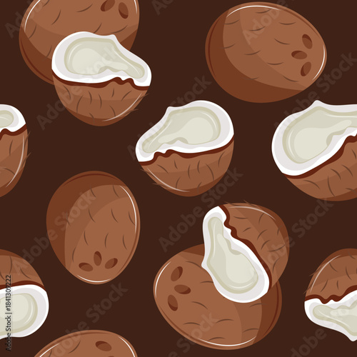 seamless pattern with tropical fruits, namely whole and halves of coconuts on a brown background, for textiles, packaging and digital design