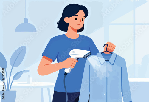 Woman steams blue shirt on hanger with handheld steamer