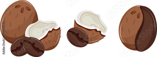 set of icons of ripe exotic coconuts in whole and half-open form with coffee beans near them, for menus, mobile applications, packaging and infographics