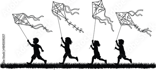 Children silhouette, flying kites, outdoor play, grassy field, black vector, playful motion, childhood joy, wind, activity, fun, dynamic, art