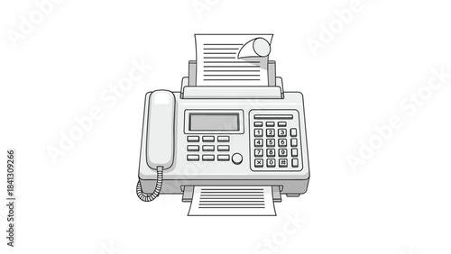 A detailed illustration of a fax machine with a phone and paper tray on top, Generative AI