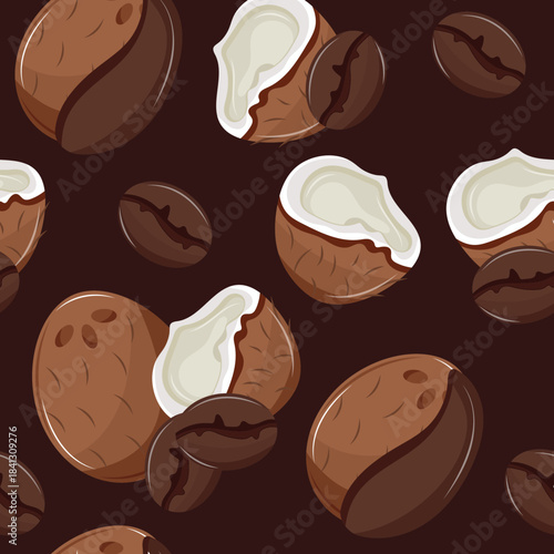 seamless pattern with whole and half-opened coconuts with coffee beans next to them on a brown background