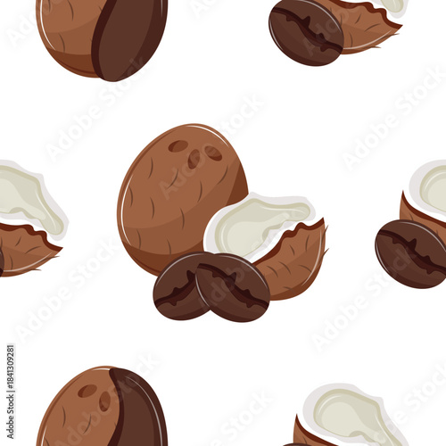 pattern with ripe exotic coconuts in whole and half-open form with coffee beans next to them, for textile, packaging and digital design