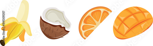 set of icons with exotic fruits, namely halves of banana, orange, coconut and mango, for menus, mobile applications, packaging and infographics