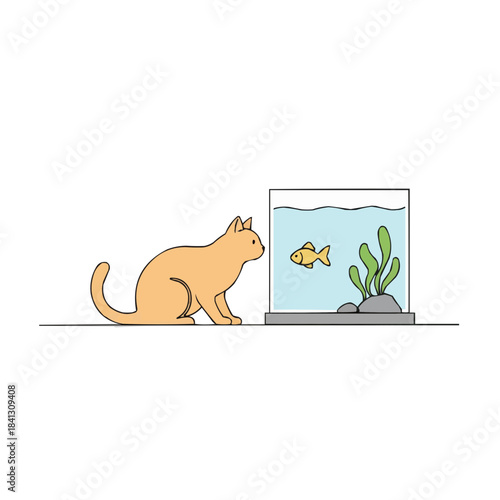 Cat observing goldfish in aquarium with aquatic plants nearby  