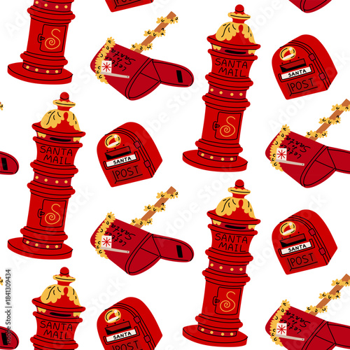 Seamless pattern with cute Christmas mailboxes with mail for Santa. Red and yellow variety of flat mailboxes in doodle style and seamless flat chaotic texture. For festive fabric, packaging