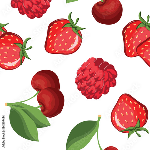seamless pattern with garden ripe fruits, namely icons of strawberries, cherries and raspberries arranged randomly, for textile or packaging