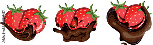 set of icons of ripe red strawberries in chocolate with various splashes of different shapes, for menus, mobile applications, packaging and infographics