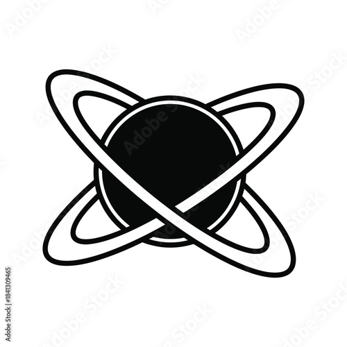 Black and white illustration of a planet with rings