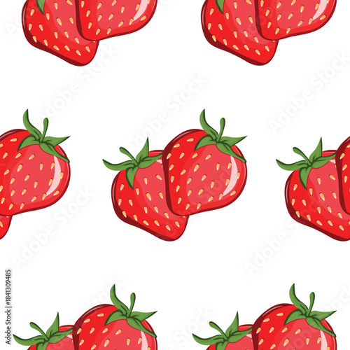pattern with ripe, red strawberries with a green tail, for textiles, packaging and digital design