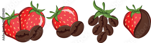 set of icons of ripe red strawberries with roasted coffee beans representing the taste of coffee, for menus, mobile applications or packaging