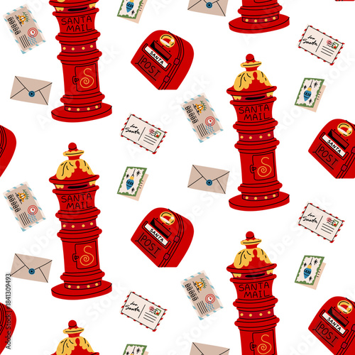 Seamless pattern with various Christmas postboxes, letters, and stamps. Flat color texture on the theme of a letter for Santa Claus. flat style print for holiday fabric, wrapping paper, background.