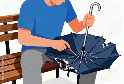 Person repairs a damaged umbrella with a screwdriver while sitting on a bench