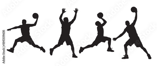 four black silhouettes of basketball players dynamically