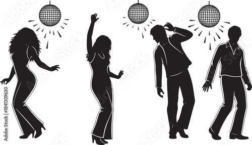 People dancing having fun celebration silhouette set nightlife entertainment social event atmosphere illumination vector illustration drawing