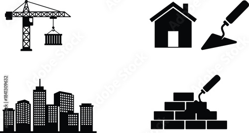 Construction icons, crane lifting beam, house with trowel, city skyline, urban development, masonry work, bricklaying, building industry, infrastructure, architecture, tools