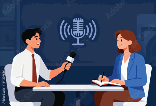 Two people at a table, one interviewing the other with a microphone