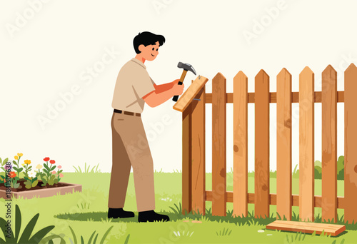Man repairing a wooden fence with hammer and nails in a garden