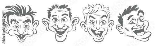  four gray scale cartoon silhouettes of men with exaggerated