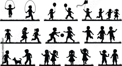 Children silhouette, outdoor activity, playful motion, grassy field, jumping rope, flying kite, holding balloons, dog interaction, social play, vector, fun