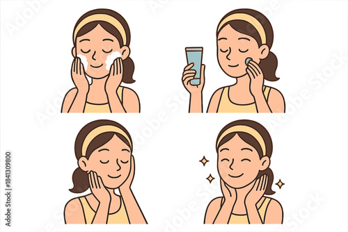 Woman demonstrating daily facial skincare routine steps: cleansing, toning, moisturizing