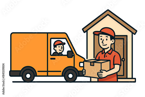 Delivery service worker handing a package to a customer near an orange delivery van