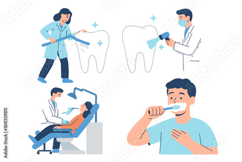 Collection of dental hygiene practices including professional examination and daily tooth brushing