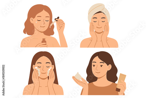 Collection of women applying various beauty products for facial skincare routine steps