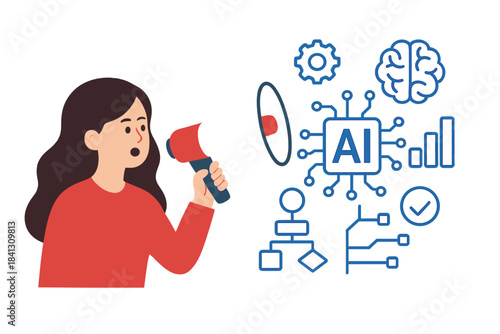 Woman using megaphone to announce and promote Artificial Intelligence technology