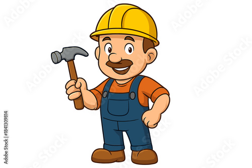 Cheerful male construction worker in hard hat and overalls holding a hammer