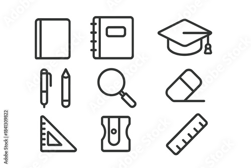 Large collection of essential school and education supplies outline symbols for learning