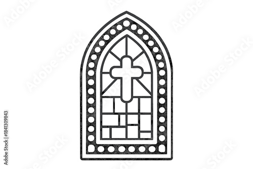 Stylized gothic arched window with religious cross symbol in black outline