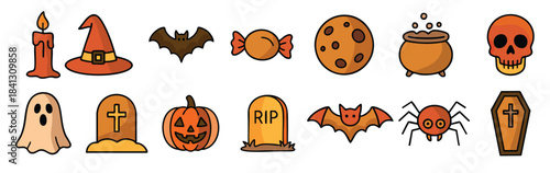 halloween icons with pumpkins ghosts bats skulls and spooky