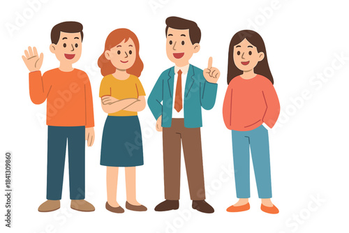 Group of diverse young adults standing together smiling and gesturing on a white background