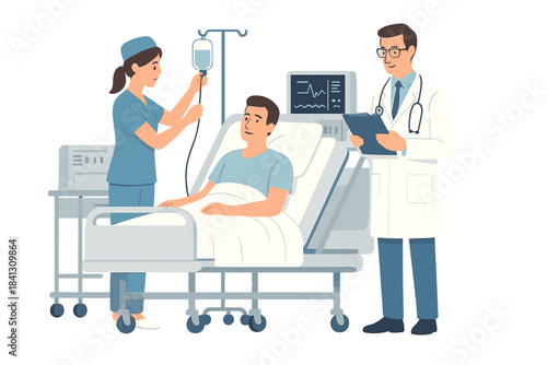 Doctor and nurse attending to a male patient receiving an IV drip in a hospital room