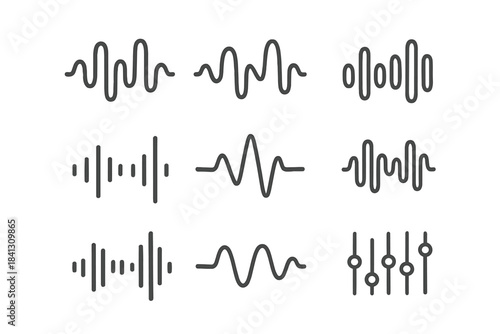 Set of nine different audio sound wave forms and music equalizer interface line icons