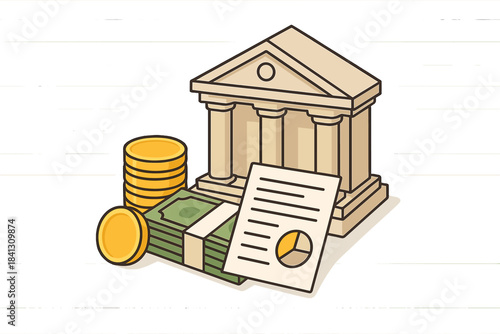 Financial institution building with money stacks and investment report document