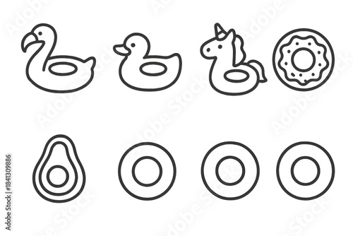 Fun inflatable pool floats outline icons set including flamingo, duck, unicorn, donut, and avocado shapes
