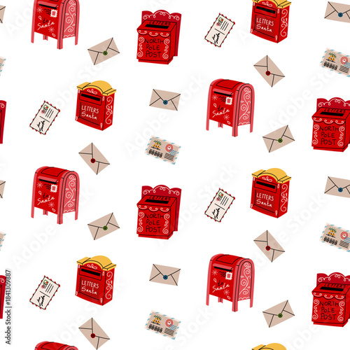 Seamless pattern with various Christmas red mailboxes and envelopes with letters to Santa Claus. Flat texture of colored boxes on the theme of letters for gifts. For festive fabric, wrapping paper