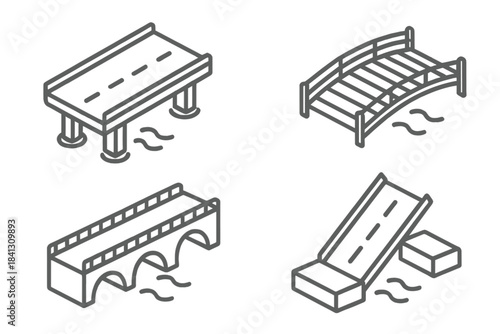 Collection of isometric line icons featuring different bridge types over water
